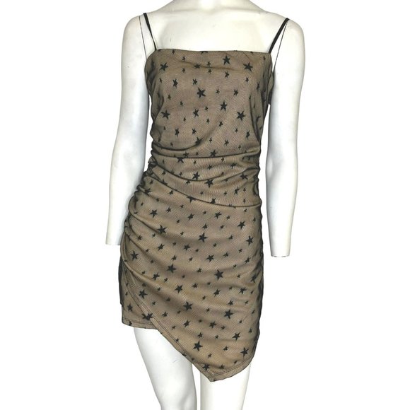 Storia Dresses & Skirts - Storia Star Print Mesh Ruched Mini Dress Black Beige Size Small NWT